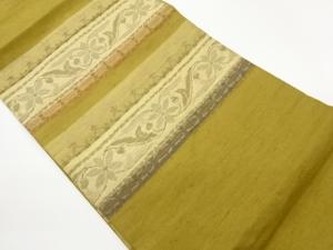 手織り紬横段に抽象花葉模様織出し名古屋帯